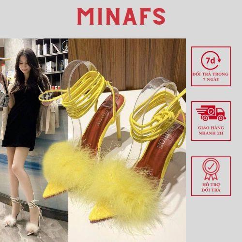 Giày Mũi Nhọn Nữ MINAFS Sandal Cột Dây Chiến Binh Lông Vũ, Guốc Dây Buộc Gót Nhọn Cao 10p Cao Cấp Dễ Thương Màu Trắng Đen Size 34-40 Gót rất cao (trên 8 cm) Chất Liệu Da Bóng Phong Cách Hàn Quốc Trẻ Trung