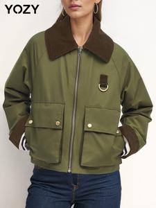 YOZY Women's Colorblock Pocket Zip Up Jacket, Casual Raglan Sleeve Collared Outerwear for Fall & Winter, Ladies Clothes for Daily Wear