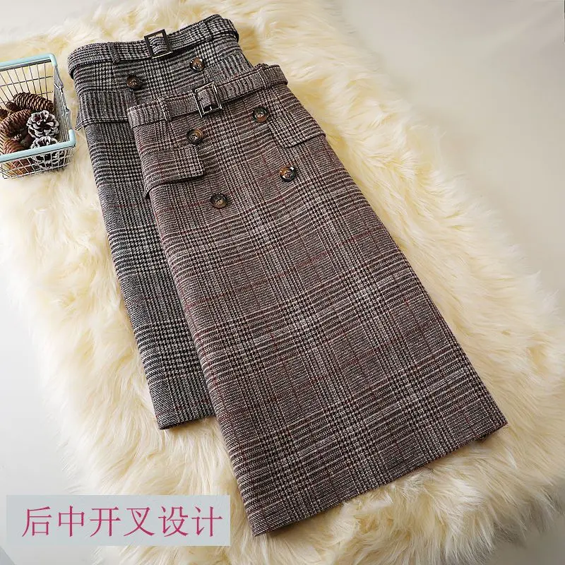 Chân Váy Bodycon Chữ A Dài Trung Bình Dáng Ôm, Dành Cho Mùa Thu Và Mùa Đông, Phong Cách Cổ Điển Dành Cho Nữ, Chân Váy Dài Trung Bình Kẻ Sọc Len, Hàng Mới Về 2022 Women Khuy