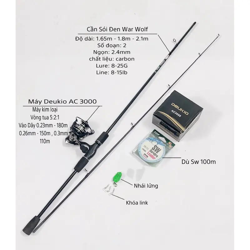 Combo cần lure máy đứng Sói Đen Deukio AC kèm phụ kiện giá rẻ Bắt Cá Đi Câu Fishing Câu Cá 8