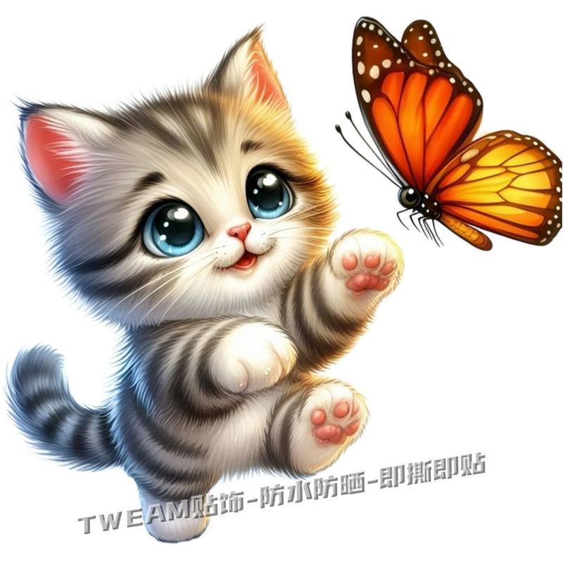 Product Introduction of Vivid image Wholesale and Retail. 3D Cat Chasing Butterfly Car Electric Vehicle Motorcycle Home Concealer Decorative Stickers Self-Adhesive Stickers 1