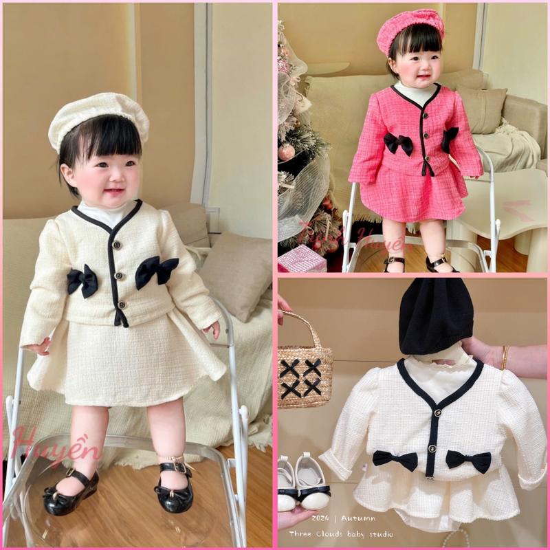 TH Sét Body Váy Dạ Kèm Áo Khoác Dạ Cho Bé Gái 5-12 kg 2 Màu Hồng Kem Mặc Mùa Đông