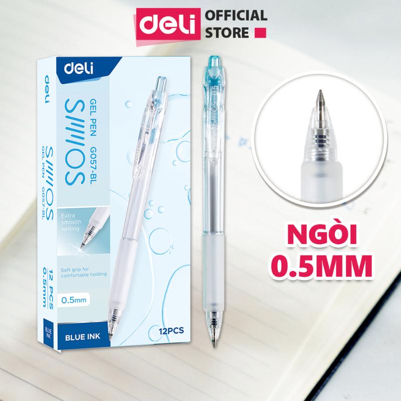 Bút bi bấm màu xanh Deli ngòi 0.5mm, Bút bi mực gel trơn tru viết sổ caligraphy dành cho văn phòng học sinh sinh viên