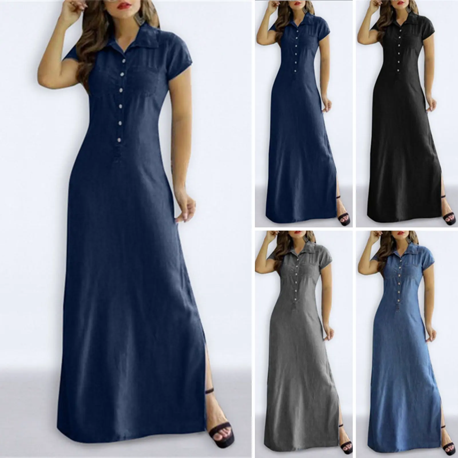 gngingy Women Summer Dress Buttons Turn-down Collar Short Sleeves Full Length A-line Dress-up Side Split Casual Half Single-breasted Maxi Dress Women Clothes