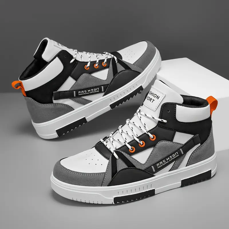Men's Fashion High-Top Skate Sneakers - Stylish Color Block with Thick Sole, Casual Lace-Up Running Shoes with Letter Print, Durable EVA & Fabric, All-Season Outdoor Footwear, Outdoor Sneakers|Modern Hightops|Pu Upper Sneakers 2