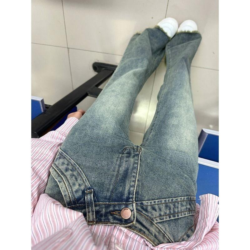 Quần Jean Ống Loe Cạp Cao Thiết Kế Mới Mùa Xuân Và Mùa Hè Mỹ Dành Cho Nữ, Phong Cách Cổ Điển Độc Đáo Dáng Rộng Rãi, Burr Mỏng Lau Sàn, Thiết Kế Đẹp Women Pants 1