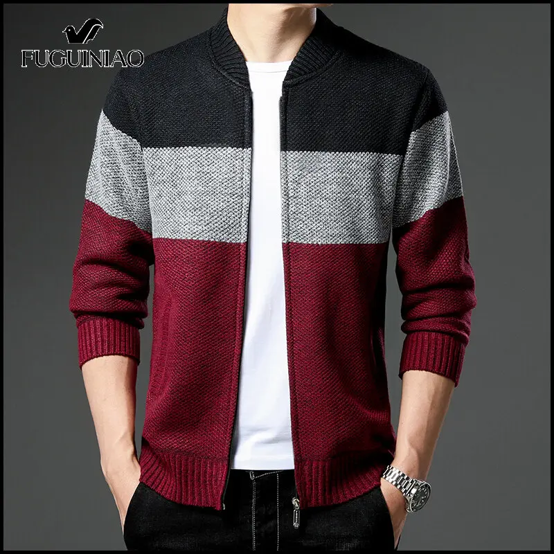 Men's Cardigan Sweater Casual Sweater Jacket Zipper design Patchwork Sweater Coat Winter Men's Sweater Jacket