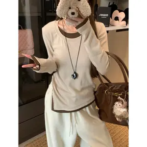 089 kaos polos lengan panjang beige slim fit shirt atasan wanita korea style jumbo baju atasan wanita terbaru kekinian