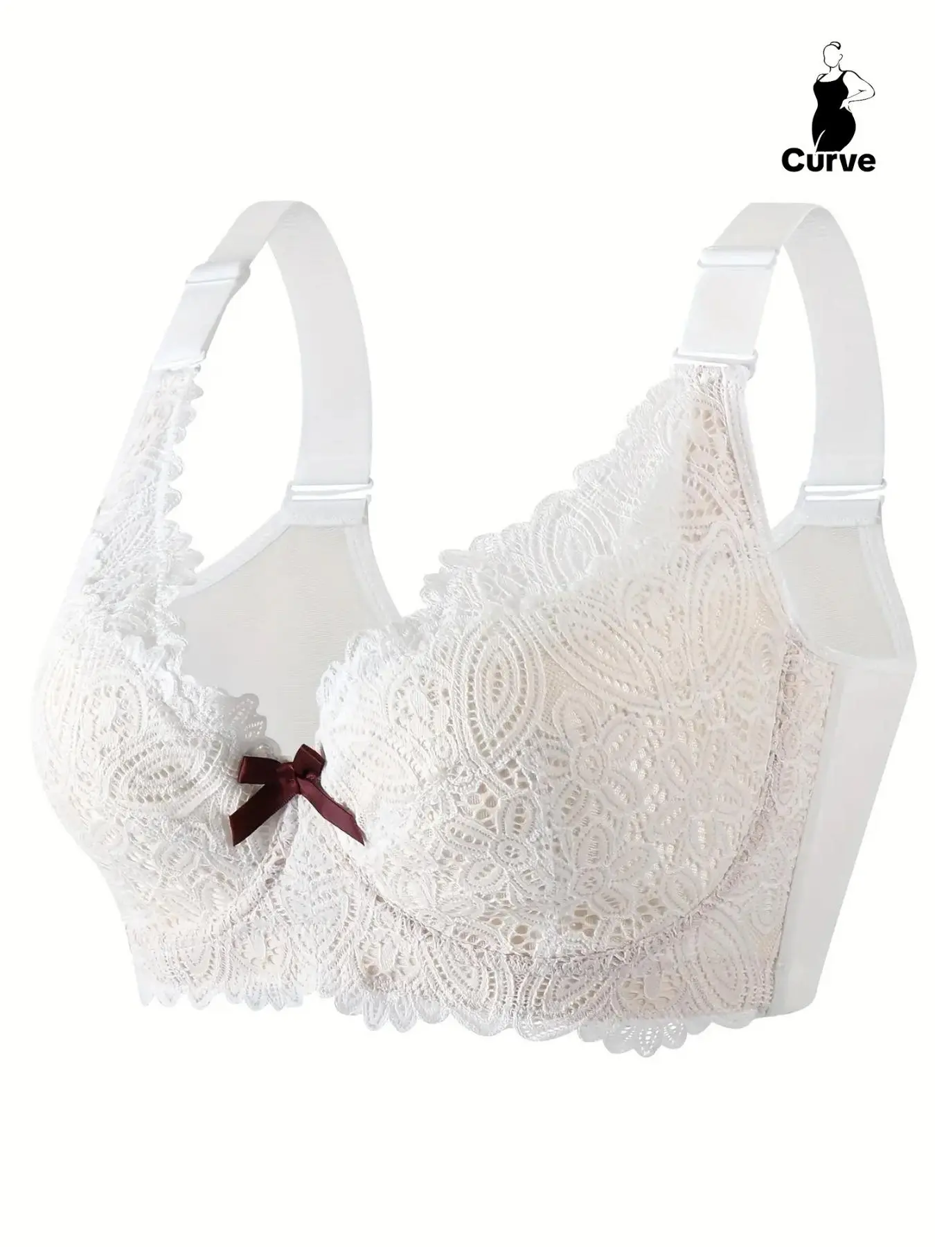 Plus Solid Bow Decor Underwire Lace Bra, Elegant Comfortable Breathable Adjustable Strap Push Up Bra for Daily Wear, Women's Lingerie for All Seasons