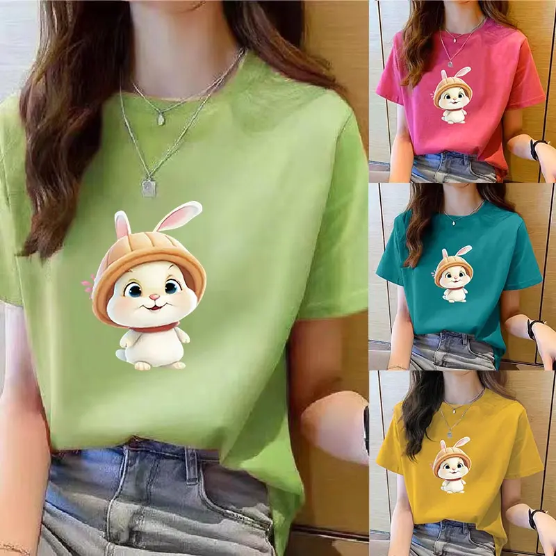 Áo Thun Nữ Cổ Chữ O Mới, Áo Thun Trơn Ngắn Tay, Thời Trang Nữ Thường Ngày Dáng Rộng, In Hoạt Hình, Áo Hàn Quốc, Mùa Hè