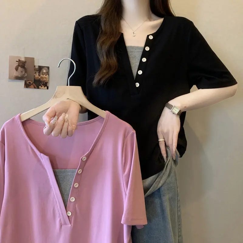 150.00kg Extra Large Size Design Stitching Contrast Colors False-Two-Piece Loose Western Style Flab Hiding Short Sleeve T-Shirt Top Women