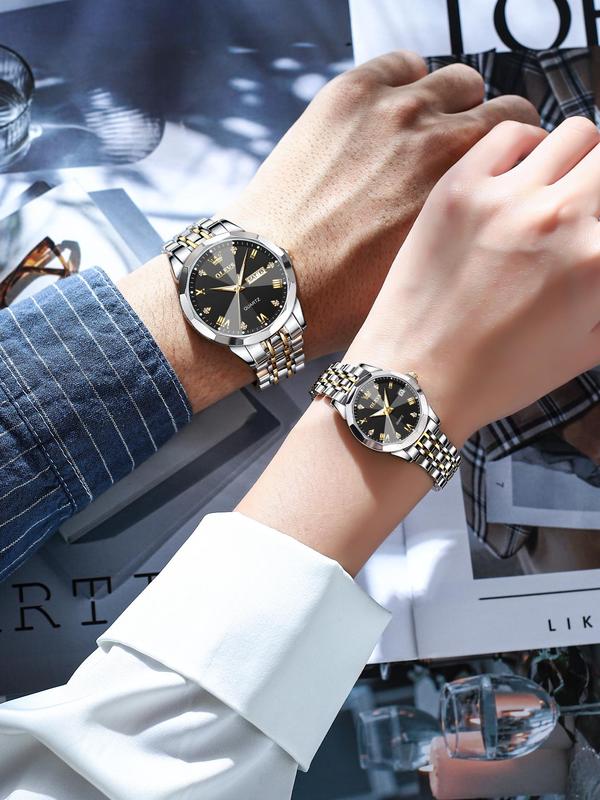 Round Dial Stainless Steel Strap Quartz Watch (2pcs), Couples Gifts, 2024 New Rhinestone Decor Waterproof Watch for Men & Women, Fashion Watch for Daily Life, Trendy All-match & Exquisite Watch for Birthday Gift, Unique Gifts for Women 2