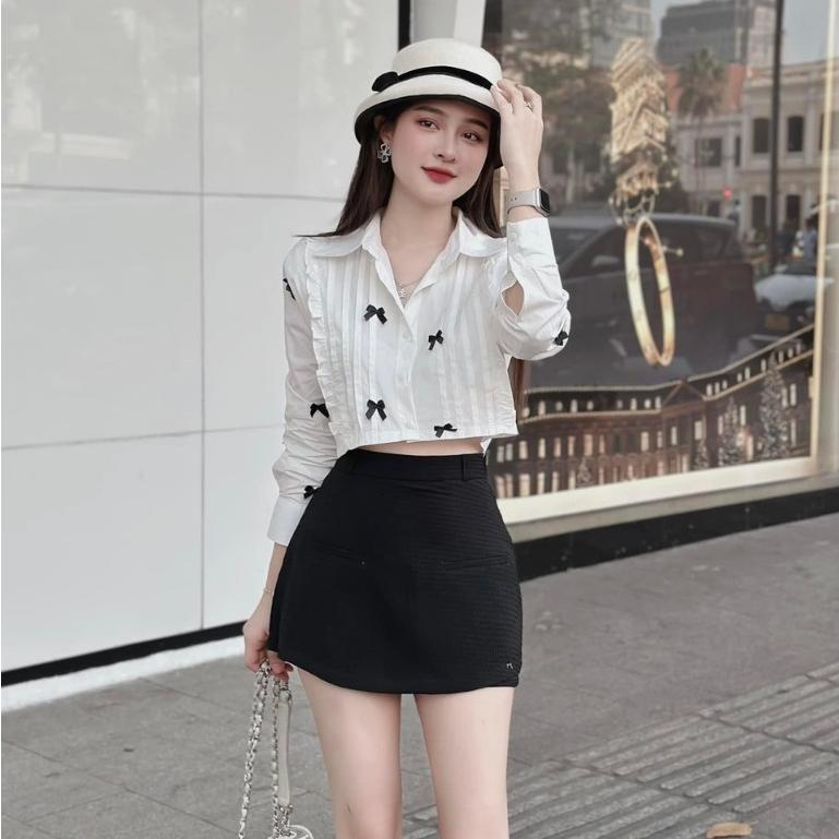 Áo sơ mi nữ kiểu tay dài dáng Hàn Quốc phối họa tiết Nơ khuy cài cổ V màu trắng Áo sơ mi dài tay nữ tiểu thư đẹp Women Voi Top