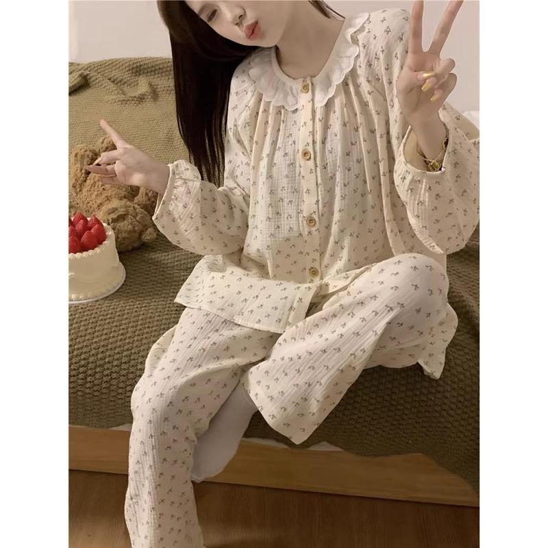 Bộ Đồ Ngủ Nữ, Phong Cách Hàn Quốc, Cỡ Nhỏ Thiết Kế Hoa, Đường Viền Cổ Áo Hoa, Áo Dài Tay Và Quần, Đồ Mặc Nhà Thường Ngày Mẫu Mới Cho Mùa Xuân, Mùa Thu Và Mùa Đông 6