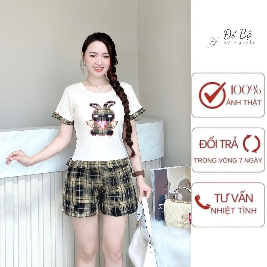 Set bộ đùi áo tay ngắn  lai phối bèo _quần đùi caro nhiều màu mặc nhà mùa hè size 40_60kg Nữ Women Thun