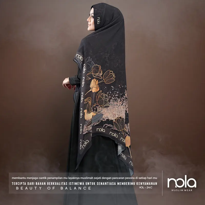 NOLA-Khimar Syar`i Jumbo Printing Premium Vol 24 Hijab Muslim 2 Layer Payet Kerudung Instan Ceruty Doll Syari Wanita Hitam 3