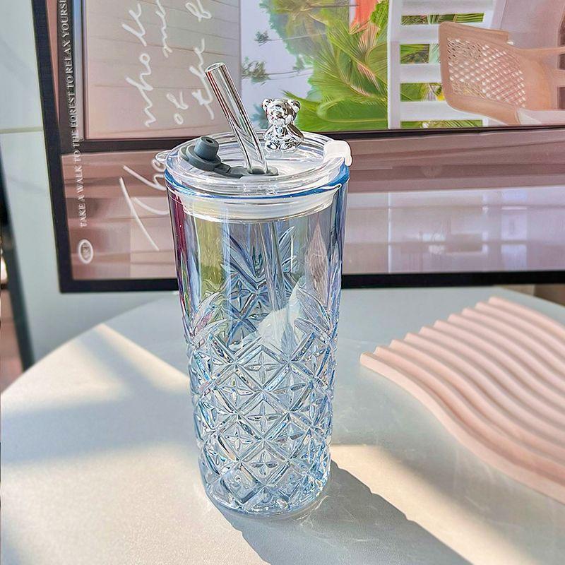 Cốc ống hút thủy tinh cốc nước nhân viên văn phòng cốc nước instagram nổi tiếng trên mạng dung tích lớn có nắp gấu ly dẻo  thủy tinh