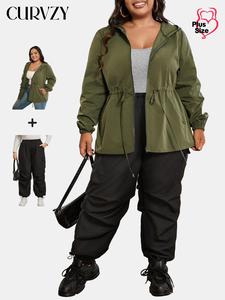 CURVZY Plus Size Solid Pocket Zipper Hooded Coat & Drawstring Waist Cargo Pants, Casual Long Sleeve Outerwear & Pocket High Waist Trousers for Women, Women's Bottoms for Fall & Winter