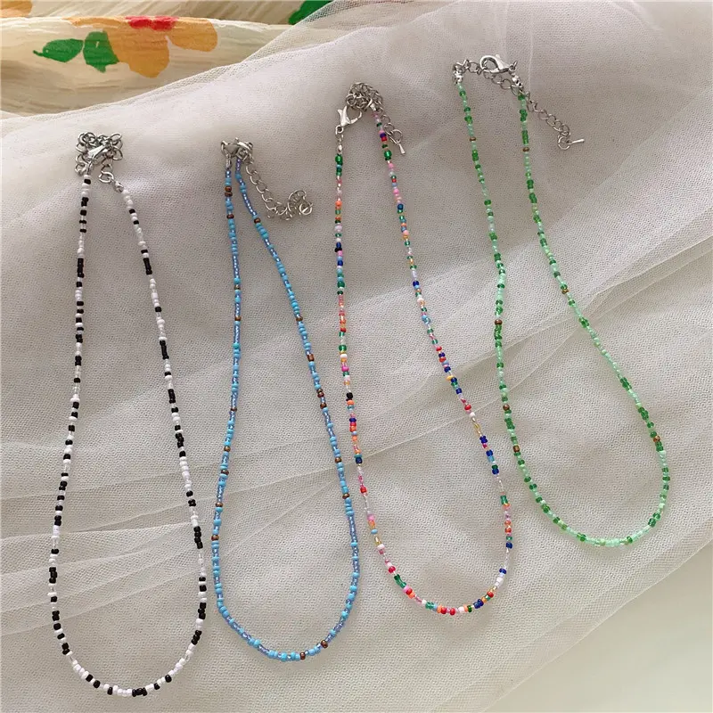Temperament Korean Retro Colored Beaded Rice Bead Necklace Girl Style Rainbow Rice Bead Necklace Bohemian Colored Necklace