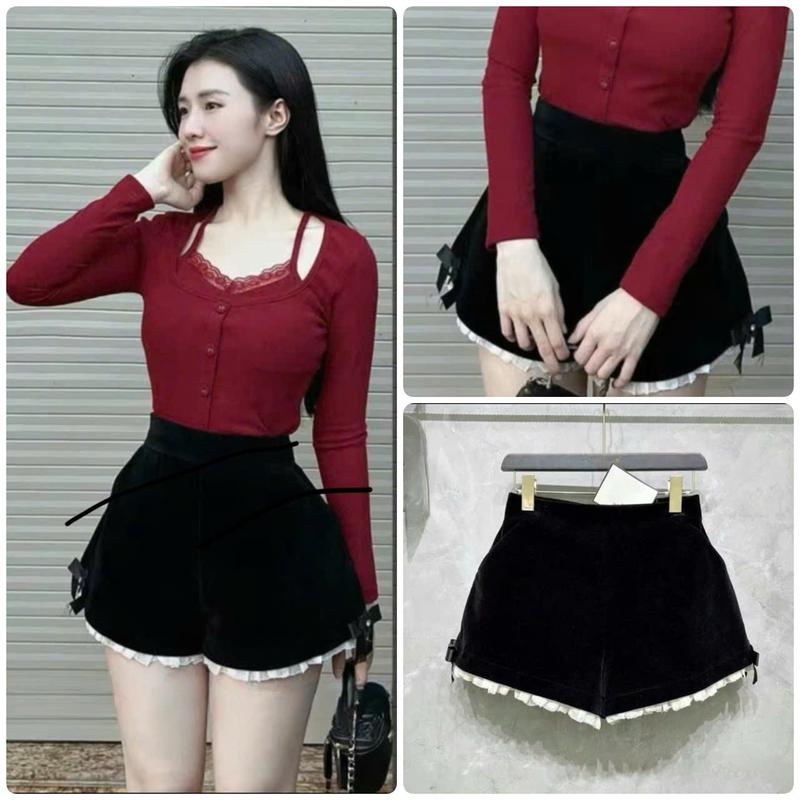 Có Bigsize Quần short nhung nữ 2 lớp cạp cao dáng phồng phối viền gấu trắng đính nơ xinh Quần nhung nữ tiểu thư phong cách Hàn Quốc_067