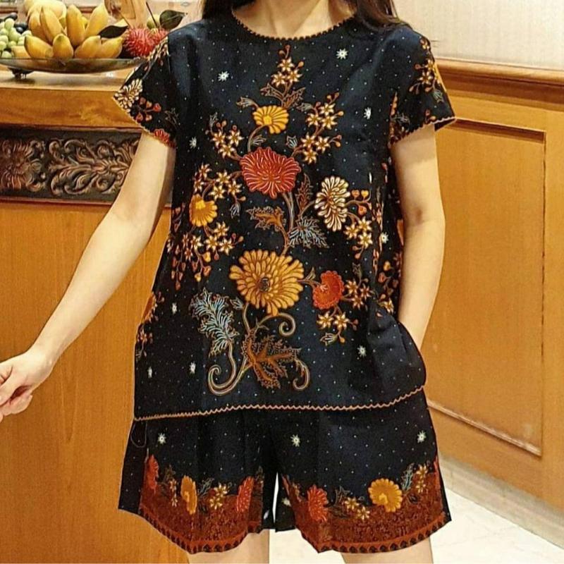Setelan batik wanita Bahan Katun Primis halus premium Warna Hitam Baju Batik Imlek wanita Mewah Lengan pendek 0