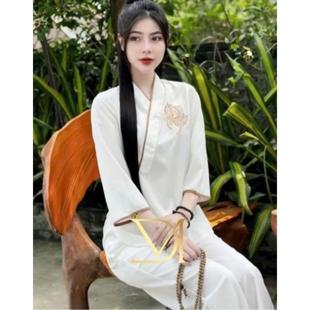 [HH] Set Đồ Lam Đi Chùa Chữ Tâm - Áo Tay Lững Cổ V + Quần Suông Foom Rộng - Chất Liệu Tuyết Nhung - Hà Huế Shop Nữ Women Top Trắng