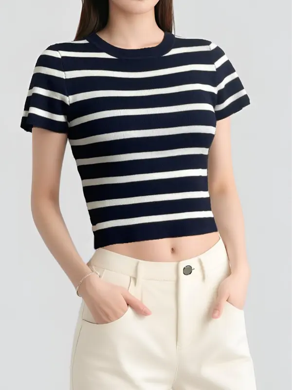 Women's Stripe Pattern Short Sleeve Crop Knit Top, Casual Comfy Fashion Round Neck Knitwear for Indoor Outdoor Wear, Ladies Clothes for All Seasons 0
