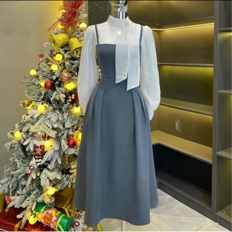 Váy đầm nữ dáng dài cổ nơ thiết kế dự tiệc trượt dày dặn V209 - Nữ, Women 6