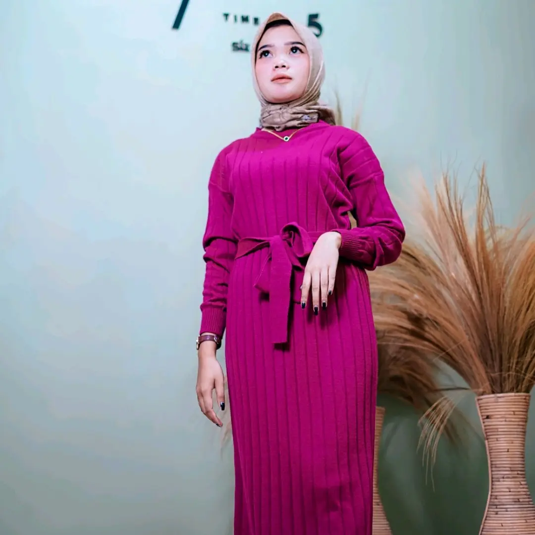Zakila Dress Tali Rajut Gamis  Muslim Panjang Rajut Tali Pinggang Dress Wanita Premium By Hanabi.Clo