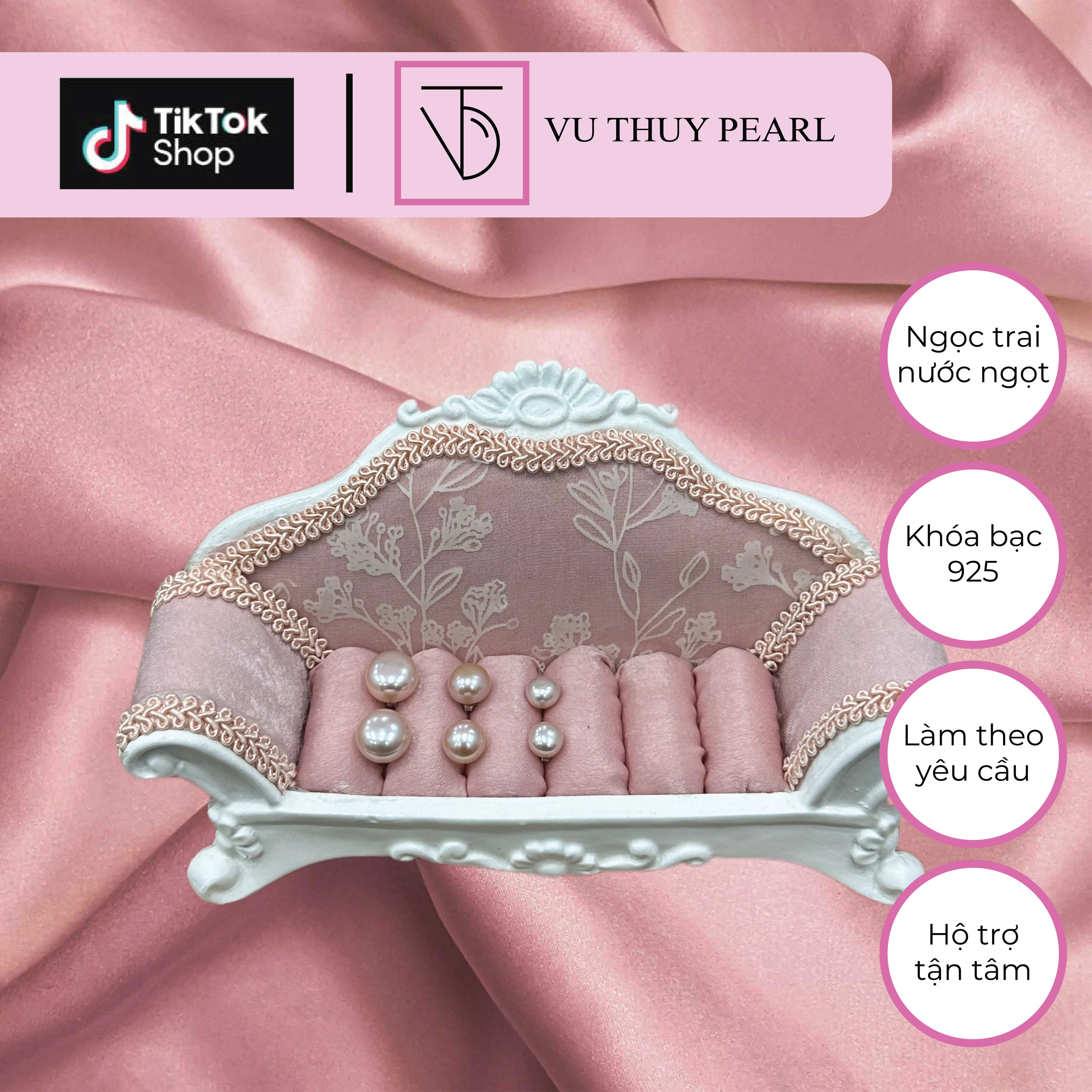 Bông tai nụ Ngọc trai hồng nước ngọt hạt bánh bao - Ngọc trai Vũ Thùy Pearl