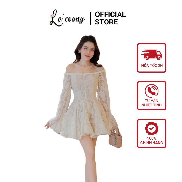 Váy Đẹp Dáng Ngắn Đi Biển Trễ Vai Xòe Bồng LECOONG V765 Đầm Tiểu Thư Màu Kem Sang Chảnh