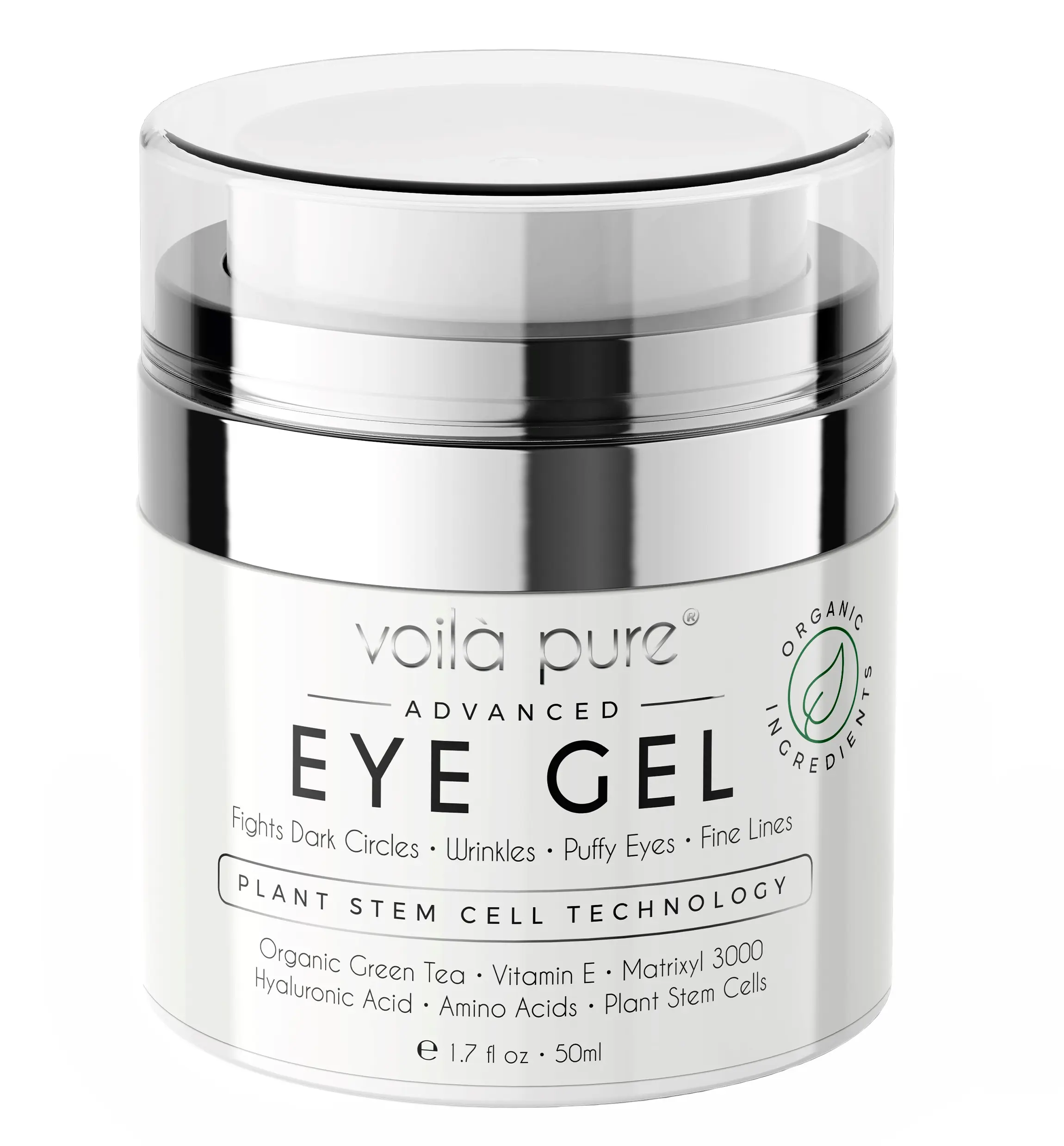 Voila Pure Advanced Eye Gel- For Dark Circles, Puffiness & Crows Feet - Powerful But Gentle Organic Eye Gel - Anti-Aging Formula With Matrixyl 3000 & Plant Stem Cells  50ml  For tired puffy eyes Comfort Skincare