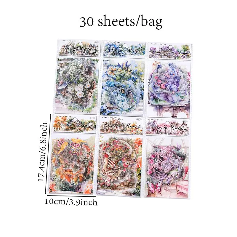 Vintage Flower & Car Pattern Sticker, 30sheets/pack Scrapbooking & Journal Making Material Paper, DIY Decorative Sticker For Stationery Computer Water Bottle, Stationery for Adults, Art Stickers 4