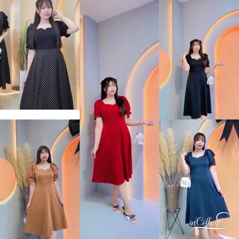 Đầm Midi đính nơ vai Bigsize Nữ 60kg đến 95kg Cổ chữ V Thun - Đen/Đỏ - Sen, Dress, Women, Voan