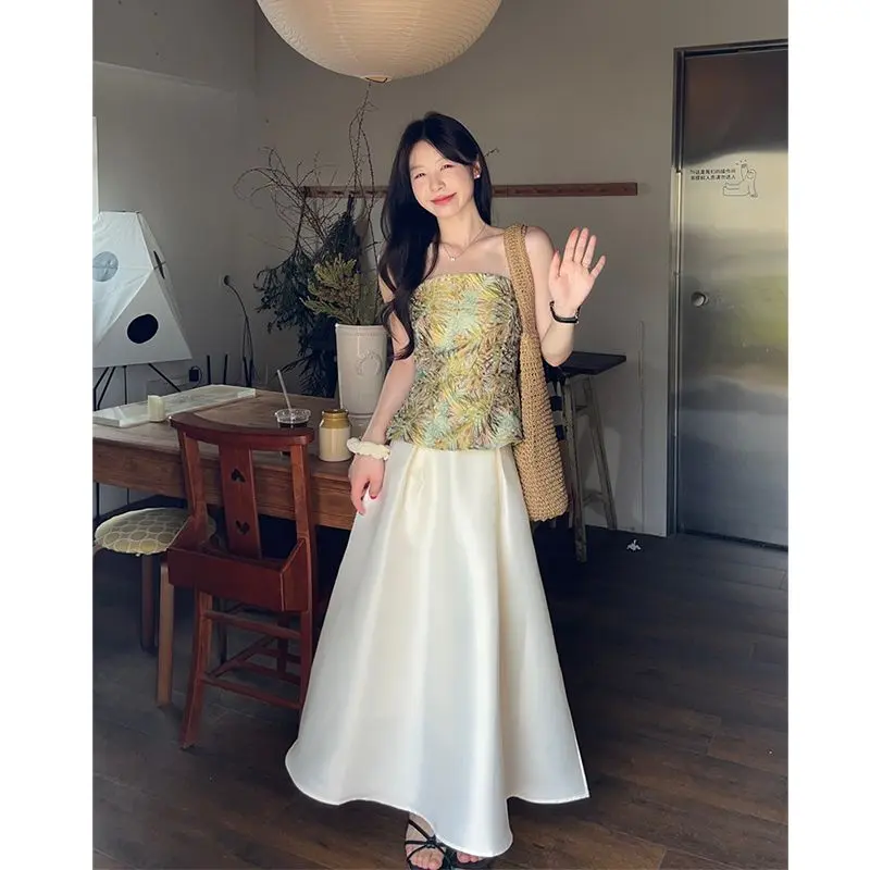 Bộ Phong Cách Trung Quốc Mới Kumikumi, Dành Cho Nữ, Áo Ống Thêu Nặng, Áo Vest, Váy Chữ A Cạp Cao Mùa Hè, Bộ Hai Mảnh, Năm 2025