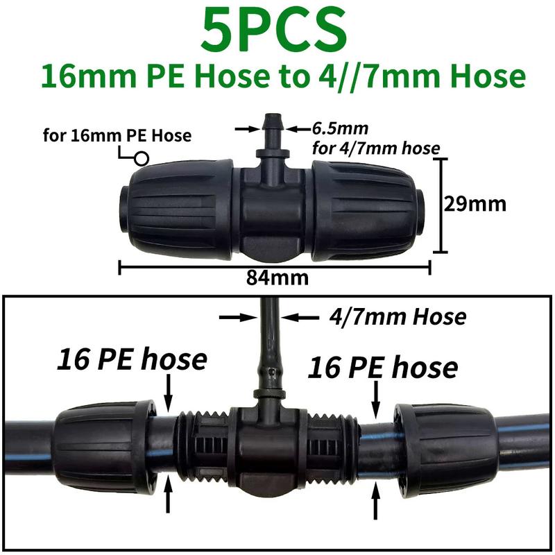 Product Introduction of WUJIE 5PCS 16mm 1/2'' PE Pipe Connector Splitter Tee Coupling Threaded Lock to 4/7mm 3/5mm Hose Garden Watering Drip Irrigation 2