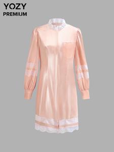 YOZY Women's Contrast Lace Pocket Button Dress, Casual Long Sleeve Short Dress for Spring & Fall, Ladies Clothes for Daily Wear