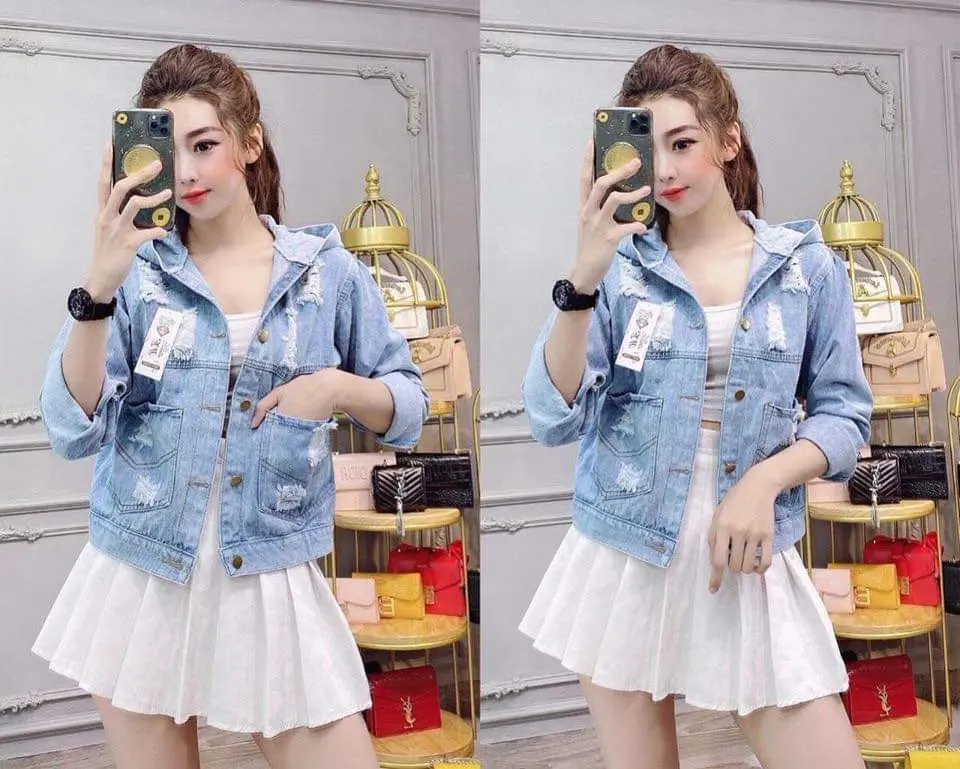 Áo khoác jean nữ có mũ chống nắng thêu HE xinh đẹp croptop freesize 39-58kg BB Lady.shop