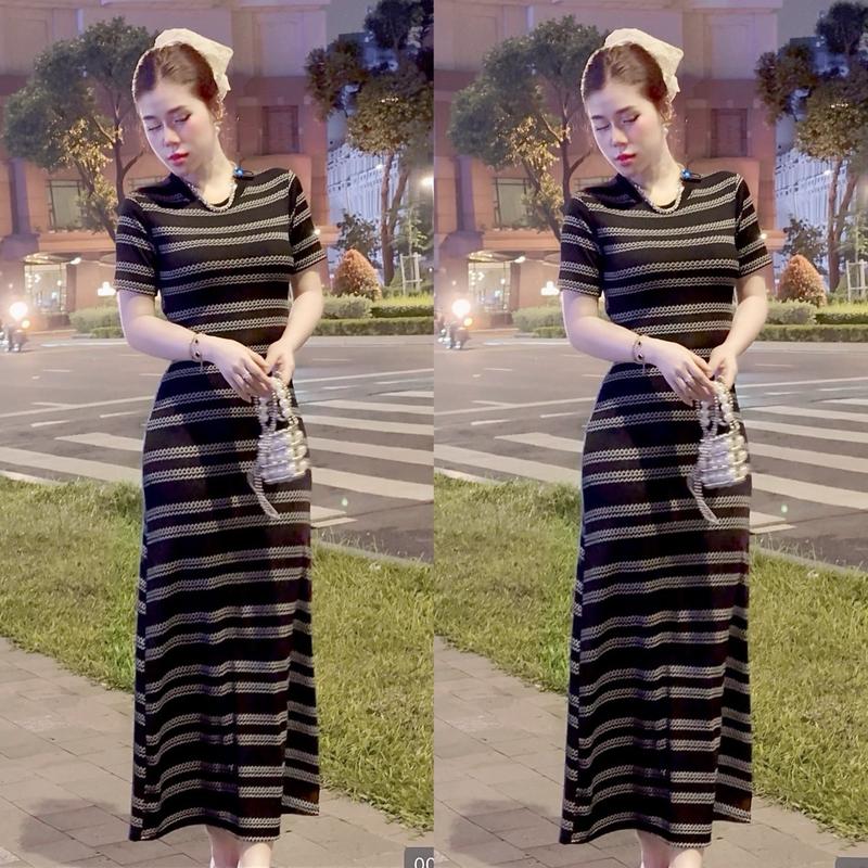 Đầm body dáng dài cổ tròn phối sọc dễ thương D30 - Nữ Women Dress đầm xinh nhẹ nhàng đầm body dáng dài đầm body tôn dáng váy xinh. đáng yêu đường thêu