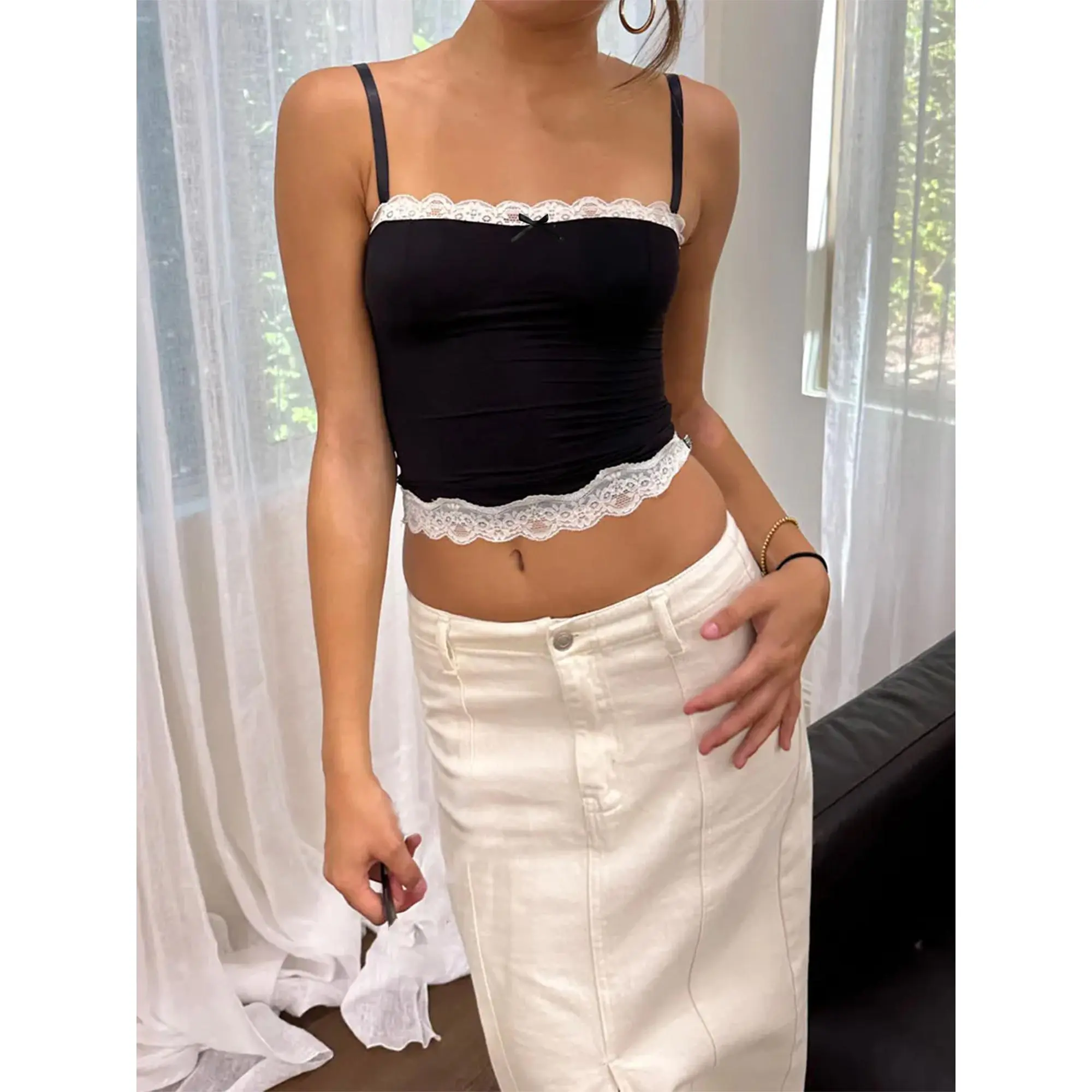 Women's Summer Cami Tops, Sleeveless Square Neck Bow Front Lace Patchwork Camisole