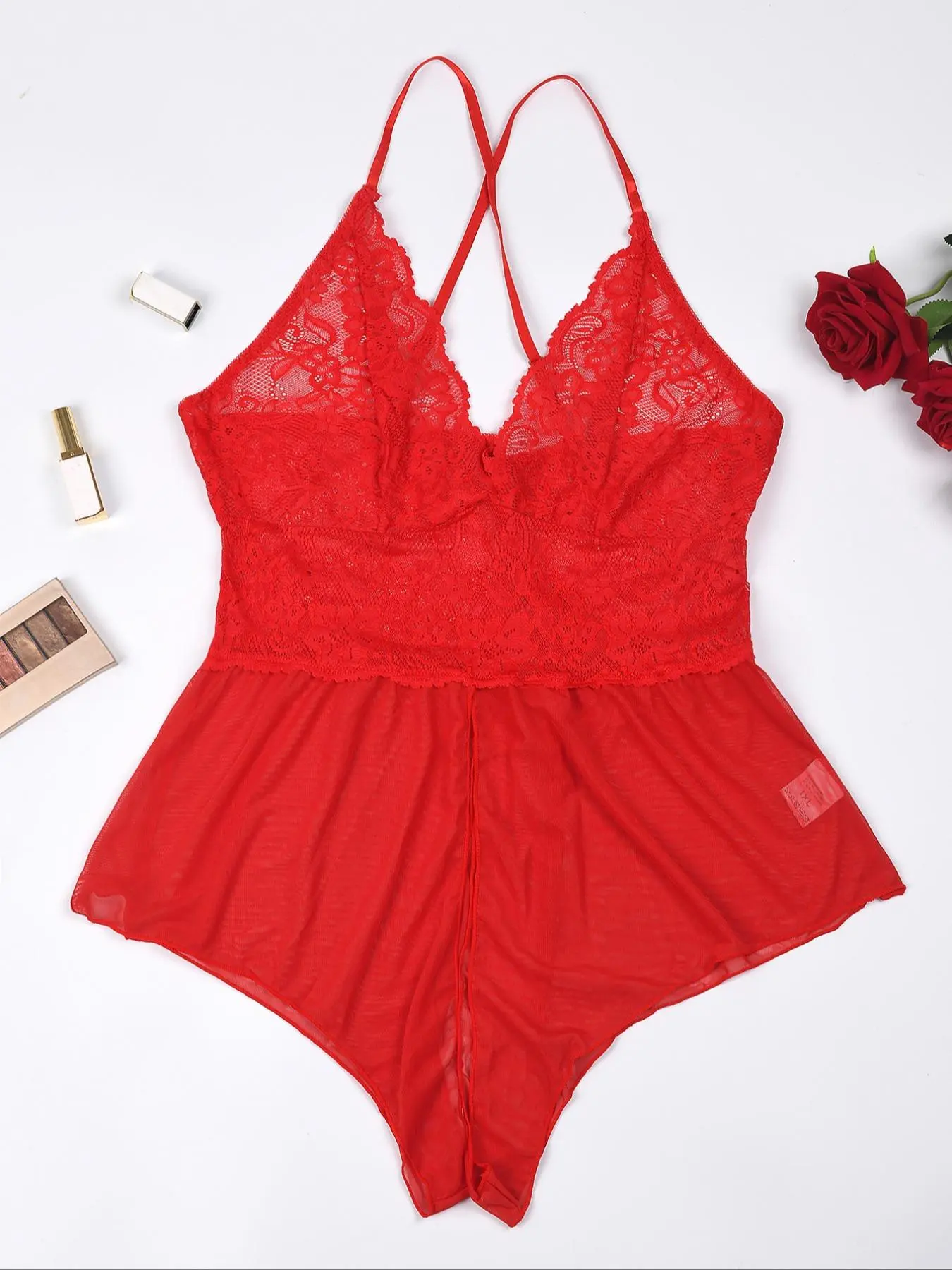 【Plus Size】 Contrast Lace Criss Cross Backless Cami Sexy Bodysuit Costumes, Solid Spaghetti Strap One-piece Sexy Costumes, Women's Sexy Lingerie for All Seasons, Naughty Lingerie