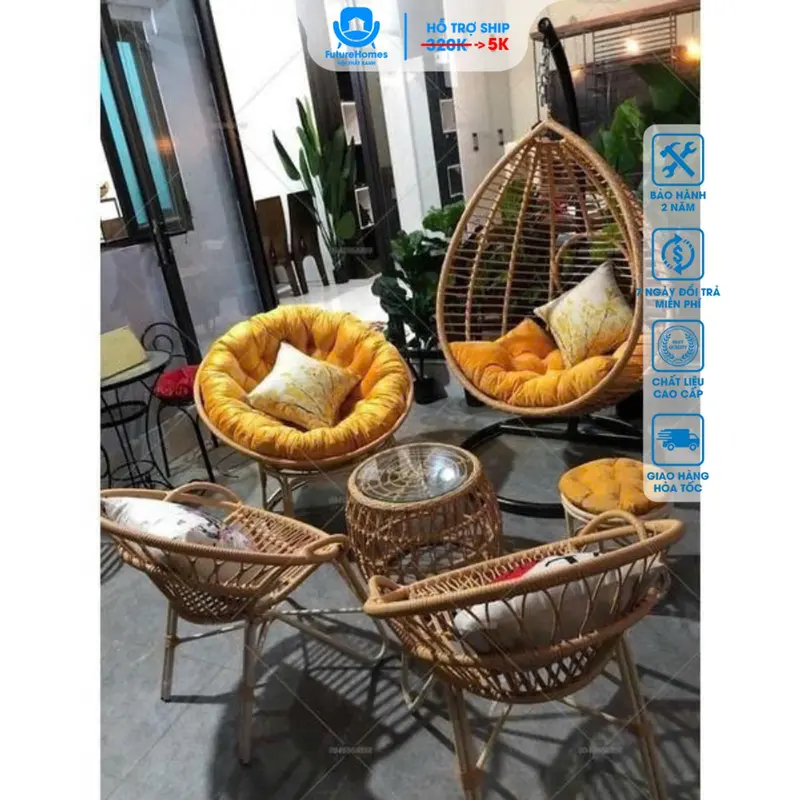 Combo Bàn Ghế & Xích Đu FutureHomes, Chất Liệu Giả Mây, Bền Đẹp Theo Thời Gian, Trang Trí Sân Vườn, Quán Cafe, Ban Công 1
