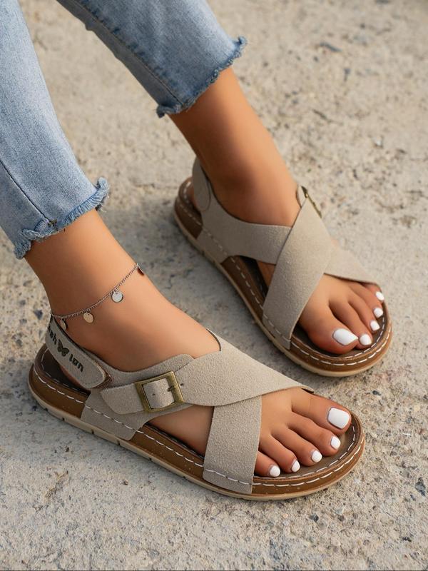 Women's Solid Color Criss Cross Strap Slip on Sandals, Casual Comfortable Buckle Flat Sandals for Summer, Female Pu Leather Shoes for Daily Wear 1