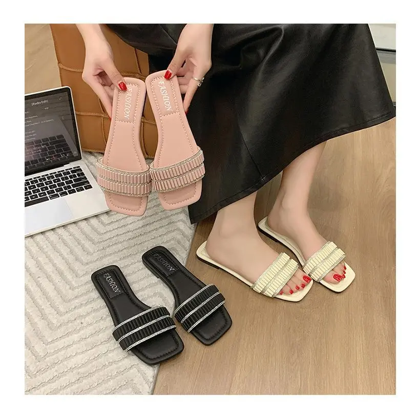 One-line sandals, women's square head, casual and fashionable home