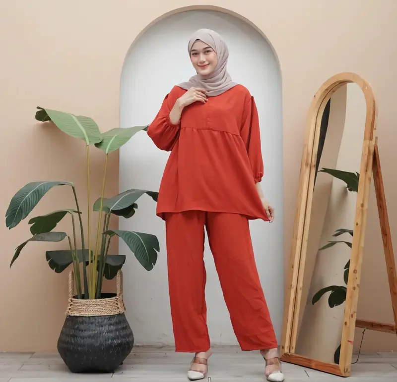 setelan fida one set cringkle airflow Muslim Wanita Crinkle Baju Atasan Celana Dewasa Panjang Remaja Kulot Casual Oversize 0