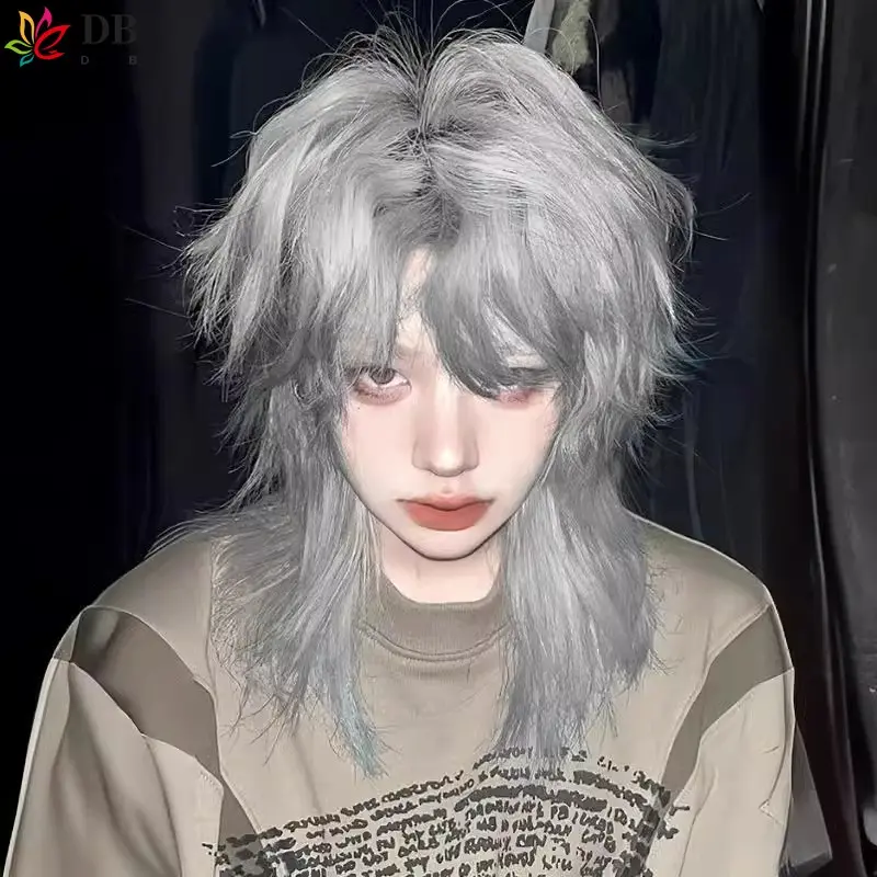 Wig rambut pendek ekor serigala kepala belanak Jepang karena kepala samurai abu-abu perak pria unisex kepala penuh alami