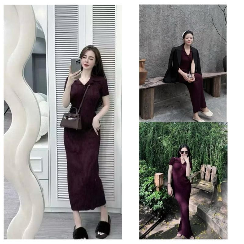 [ Hàng QCCC L1 / Order 7-10 ngày ] Đầm Body Len Gân Polo Dáng Dài Tay Ngắn Ôm Co Giãn Tốt Màu Đỏ Mận Siu Sang Dành Cho Nữ Women Dress By DiepGZ27325