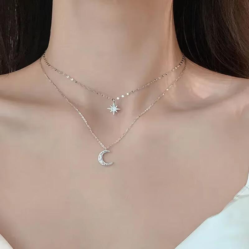 Delysia King Star Moon double layer Necklace women's light niche design sense overlapping clavicle chain 0
