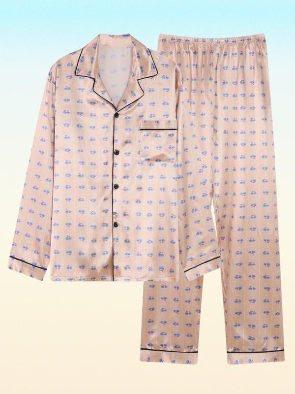 Two-Piece Set Men's All Over Print Contrast Binding Lapel Shirt & Elastic Waist Pants Satin Pyjama Set, Casual Comfy Long Sleeve Button Front Pocket Top & Trousers PJ Set, Men's Sleepwear for Spring & Fall 3