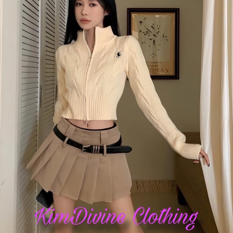 ÁO khoác len Xoắn Thừng ngựa thêu hottrend khoá kéo 2 chiều Croptop siu xinh basic 4M KimDivine